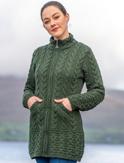 Weavers Of Ireland Ladies Merino Cable Design Zip Coatiga