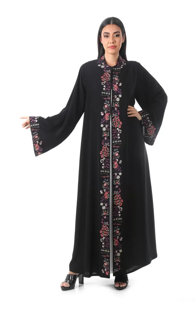 Elegant Abaya with Floral Pattern Machine Embroidery